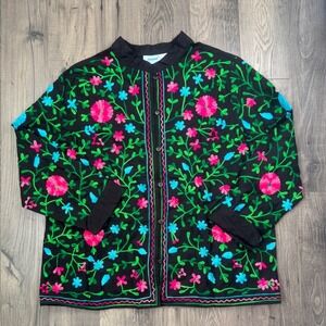 National 1X Black Floral Embroidered Jacket Button Front‎ Cotton